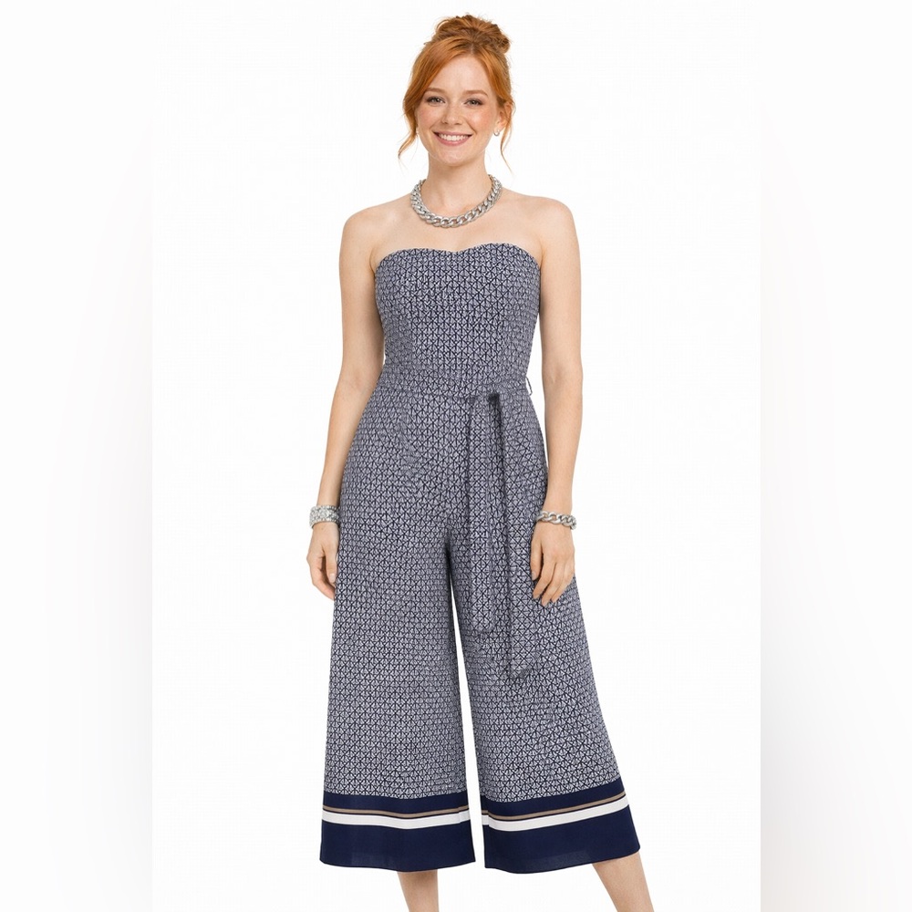 H&M Wide Leg Jumpsuit, Navy Tan Geometric Print, Belted Strapless, Womens Size 0